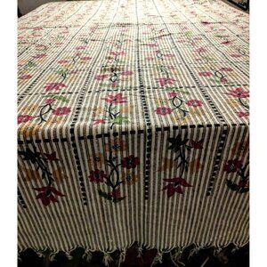Vtg. Floral Striped Cotton Tablecloth/ Bed Cover Tassel Edges Stylized Fall Colo